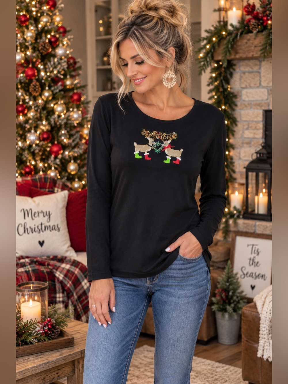 Crystal-Kobe Black Christmas Reindeer Embroidered Long Sleeve Top Size L